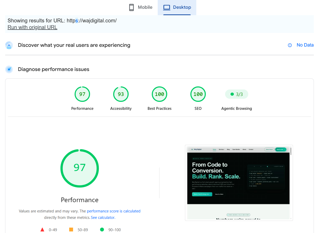 PageSpeed Insights desktop results for wajdigital.com showing 97 performance, 100 best practices, 100 SEO and 3 of 3 agentic browsing