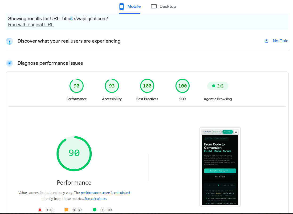 PageSpeed Insights mobile results for wajdigital.com showing 90 performance, 93 accessibility, 100 best practices, 100 SEO and 3 out of 3 agentic browsing
